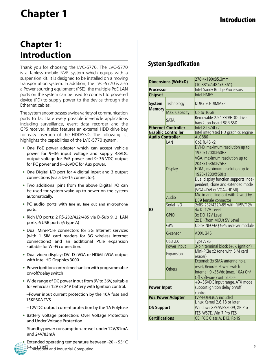 Chapter 1, Chapter 1: introduction, Introduction | System specification | Lanner LVC-5770 User Manual | Page 5 / 49