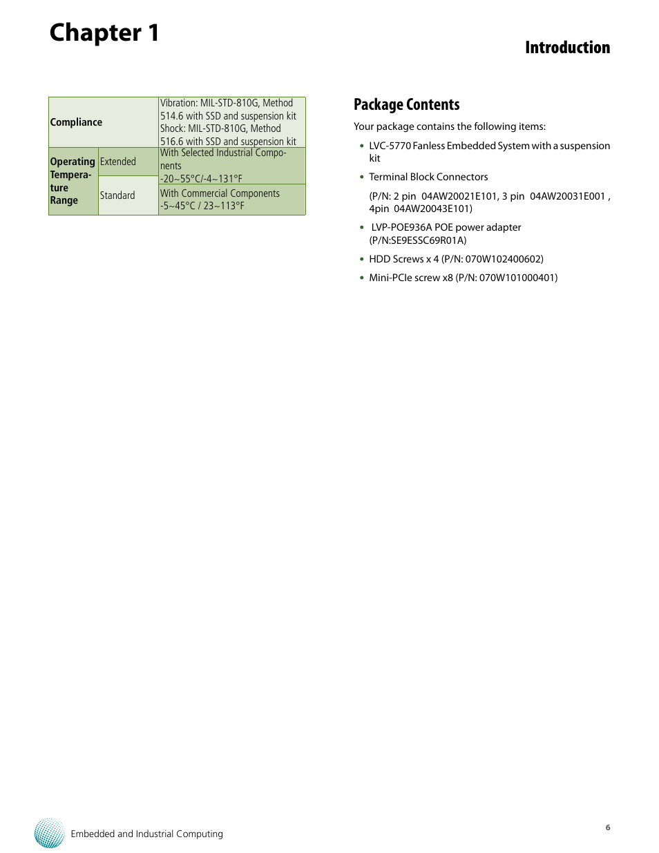 Chapter 1, Introduction, Package contents | Lanner LVC-5770 User Manual | Page 6 / 49