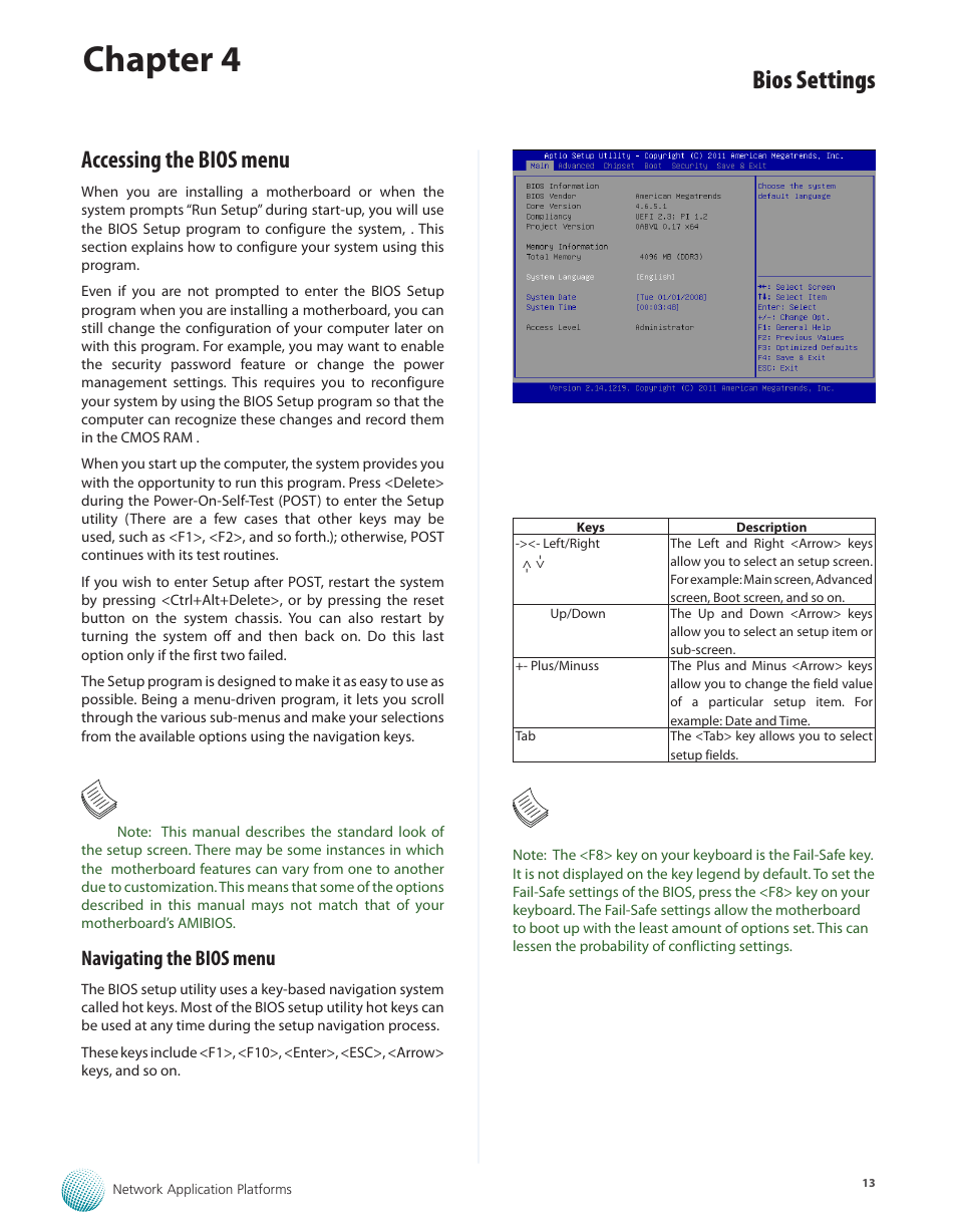 Accessing the bios menu, Navigating the bios menu, Chapter 4 | Bios settings | Lanner FW-5330 User Manual | Page 16 / 38