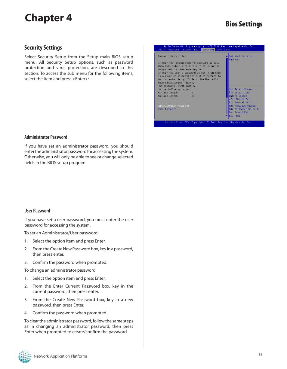 Security settings, Chapter 4, Bios settings | Lanner FW-5330 User Manual | Page 31 / 38