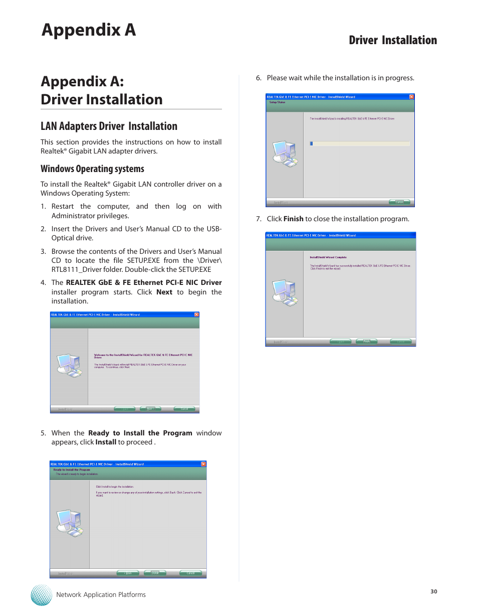 Appendix a: driver installation, Lan adapters driver installation, Windows operating systems | Appendix a, Driver installation | Lanner FW-5330 User Manual | Page 33 / 38