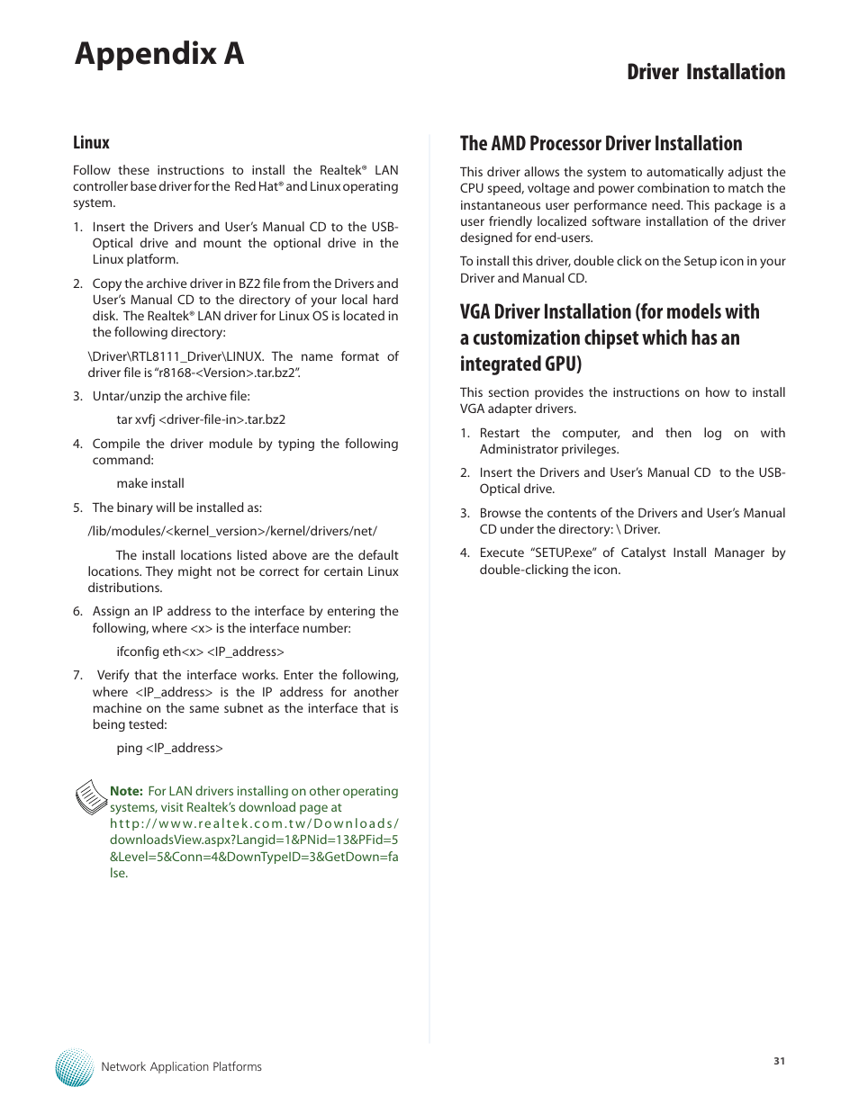 Linux, The amd processor driver installation, Appendix a | Driver installation | Lanner FW-5330 User Manual | Page 34 / 38