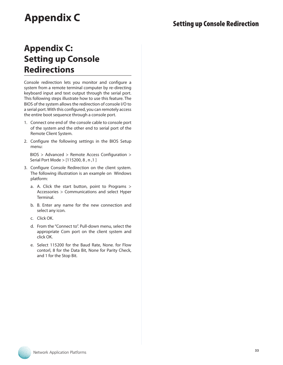 Appendix c: setting up console redirections, Appendix c, Setting up console redirection | Lanner FW-5330 User Manual | Page 36 / 38