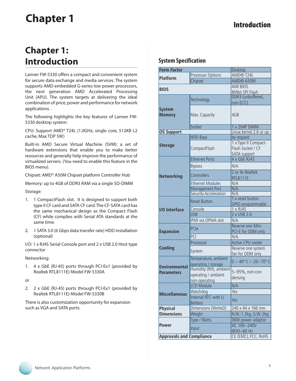 Chapter 1: introduction, System specification, Chapter 1 | Introduction | Lanner FW-5330 User Manual | Page 4 / 38