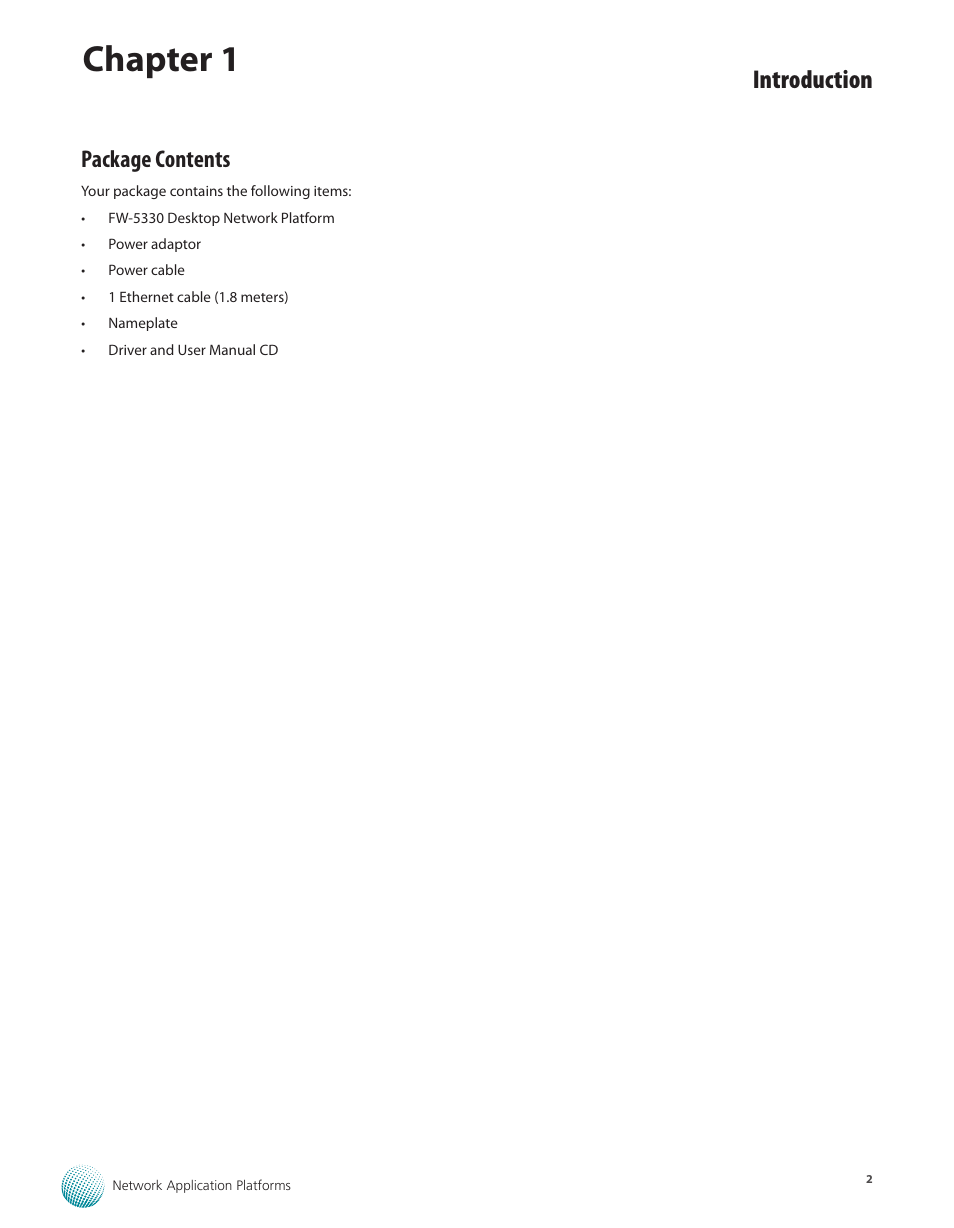 Package contents, Chapter 1, Introduction | Lanner FW-5330 User Manual | Page 5 / 38