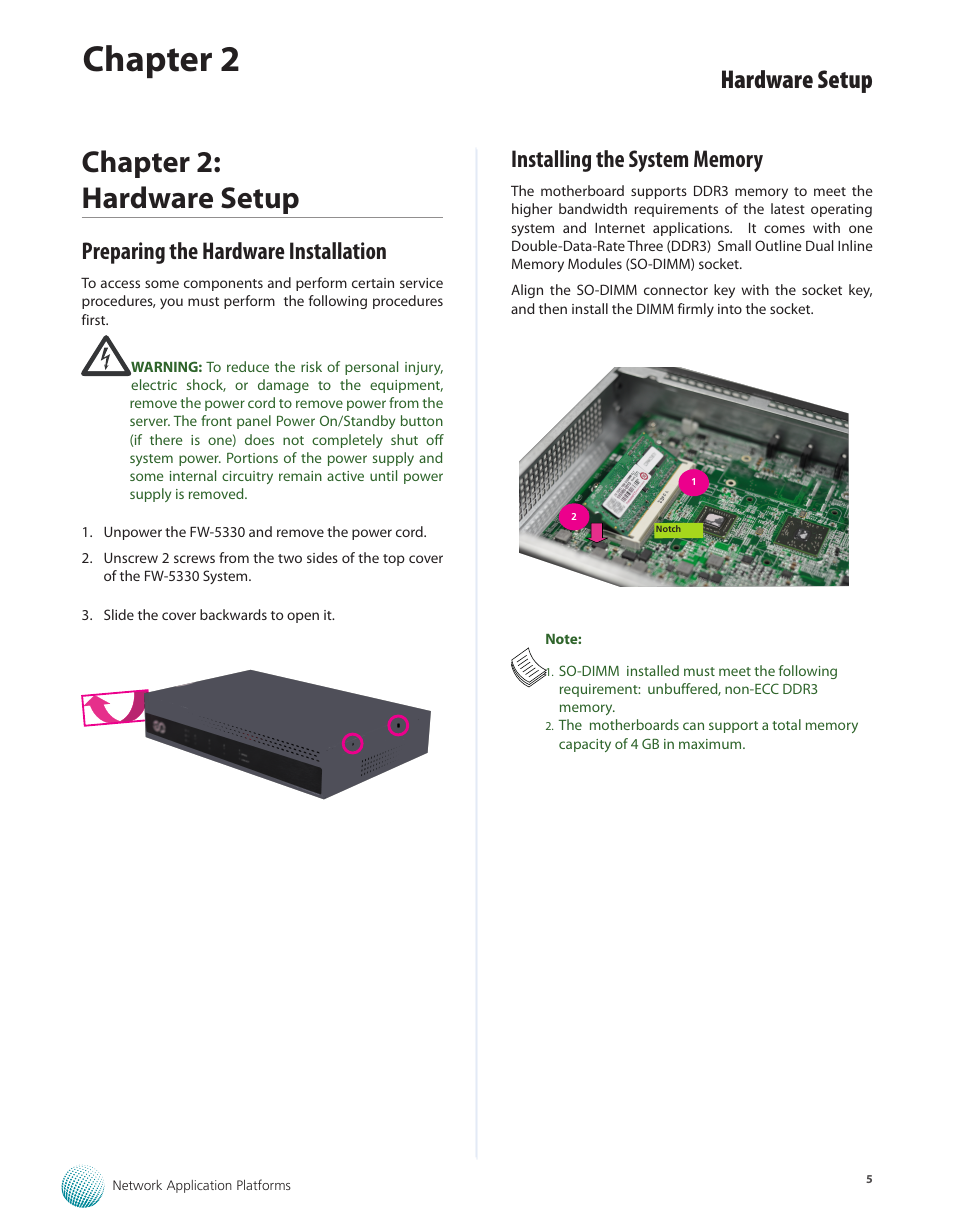 Chapter 2: hardware setup, Preparing the hardware installation, Installing the system memory | Chapter 2, Hardware setup | Lanner FW-5330 User Manual | Page 8 / 38