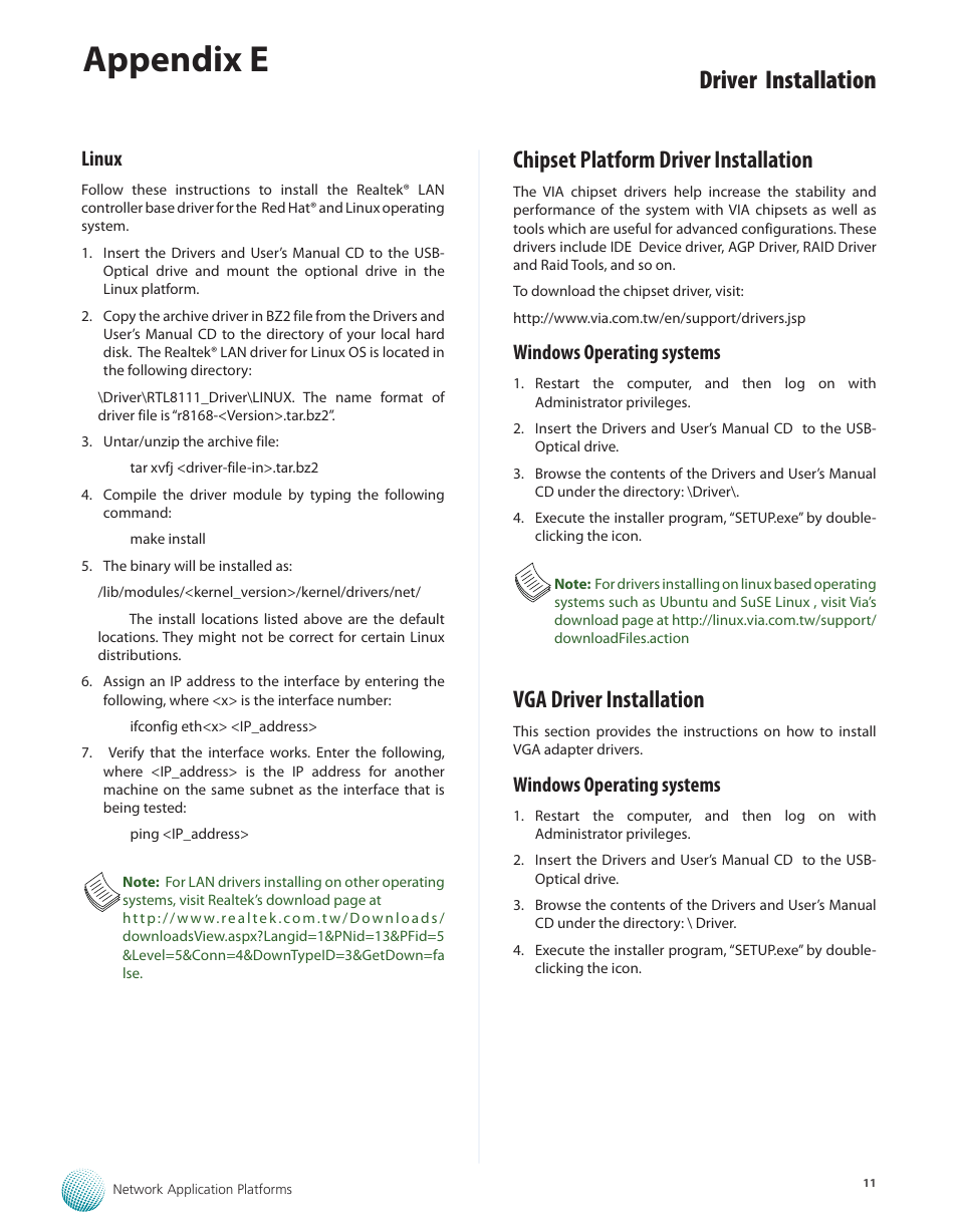 Linux, Chipset platform driver installation, Windows operating systems | Vga driver installation, Appendix e, Driver installation | Lanner FW-6432 User Manual | Page 14 / 16