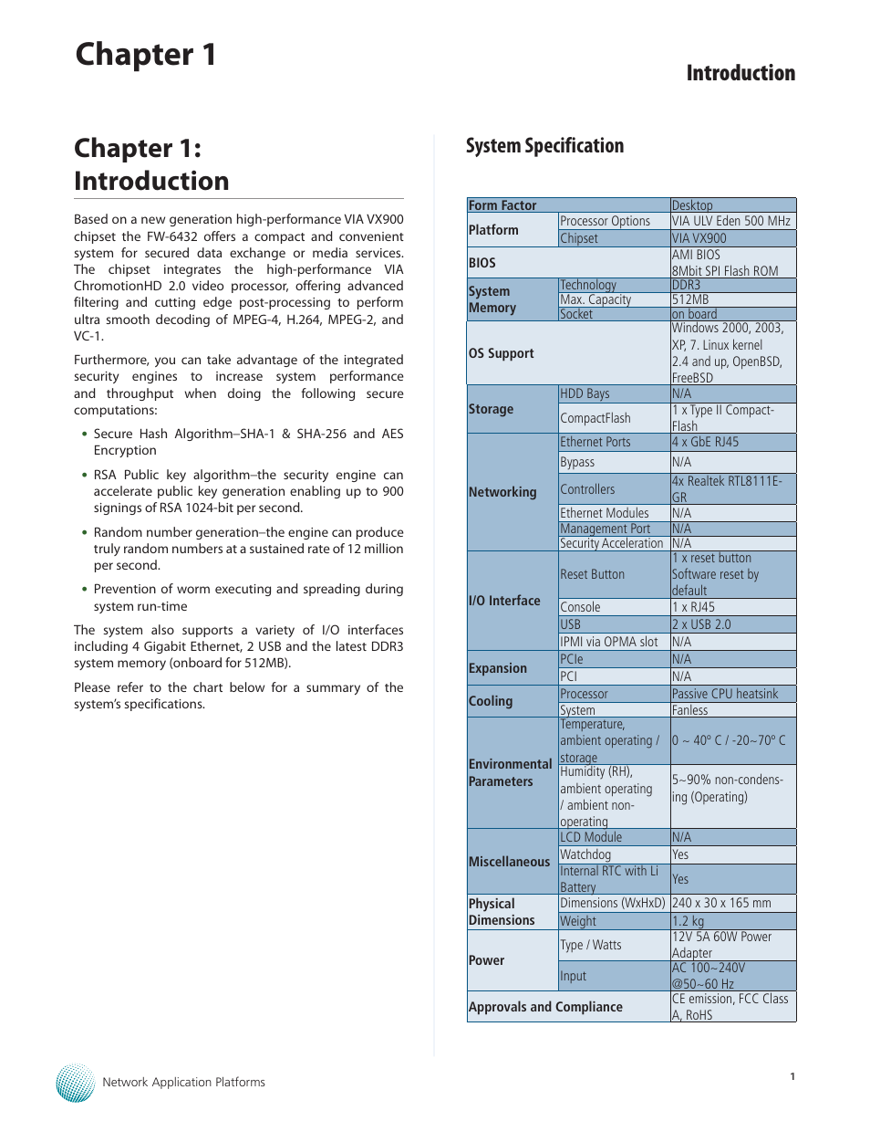Chapter 1: introduction, System specification, Chapter 1 | Introduction | Lanner FW-6432 User Manual | Page 4 / 16