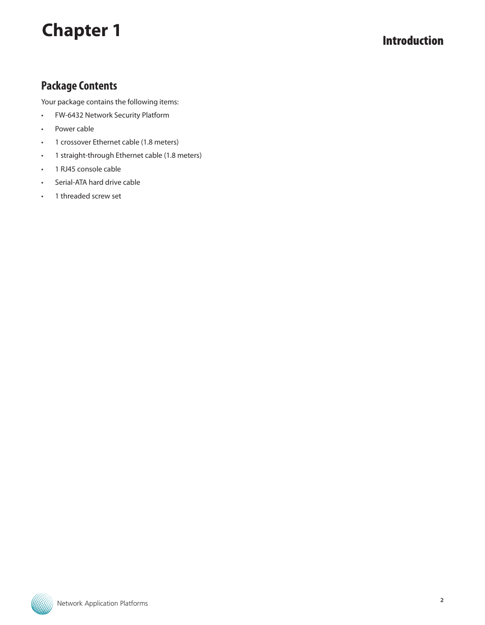 Package contents, Chapter 1, Introduction | Lanner FW-6432 User Manual | Page 5 / 16
