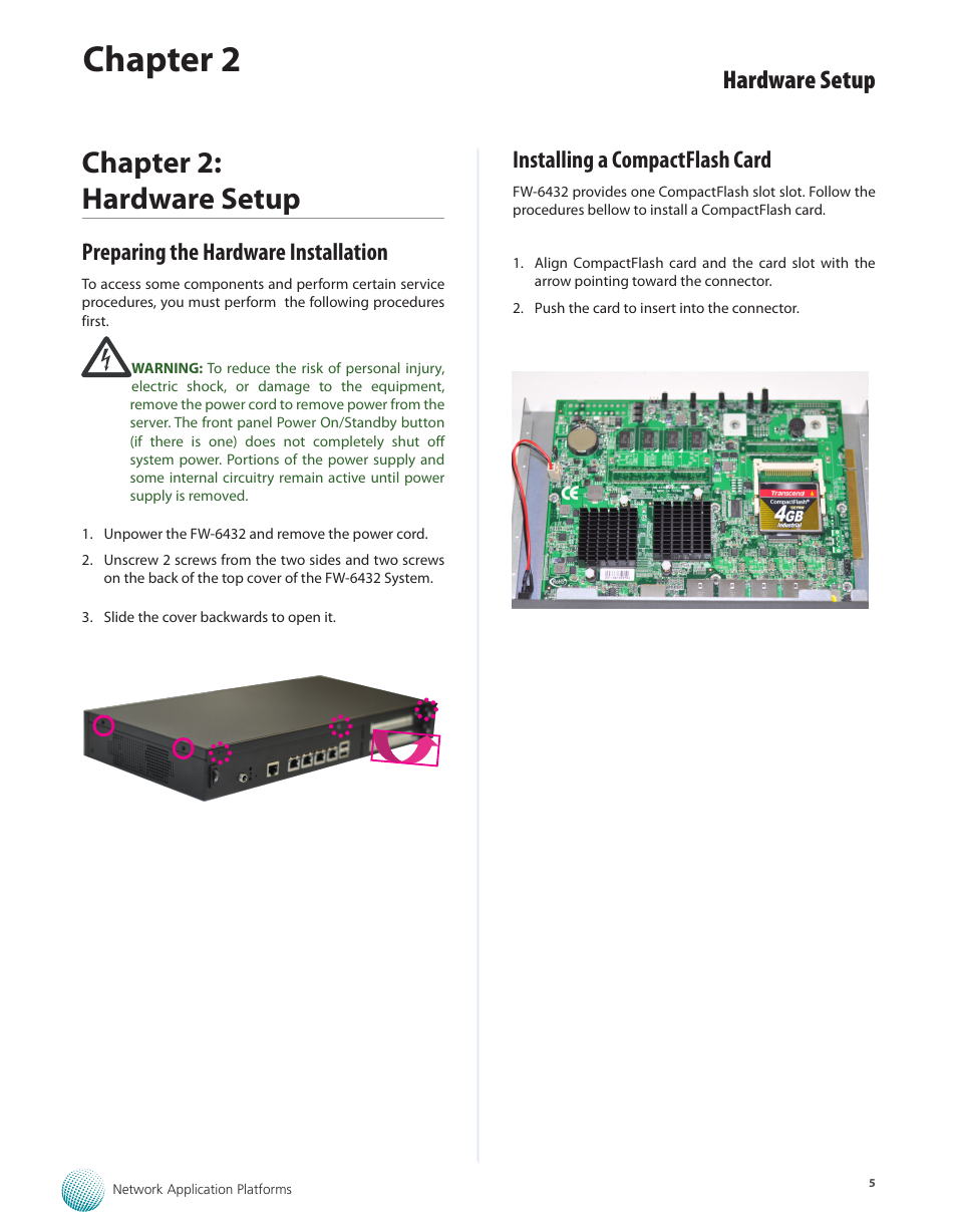 Chapter 2: hardware setup, Preparing the hardware installation, Installing a compactflash card | Chapter 2, Hardware setup | Lanner FW-6432 User Manual | Page 8 / 16