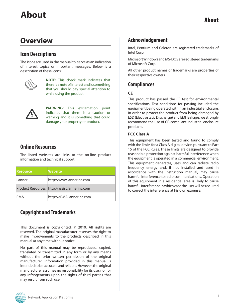 Overview, About, Icon descriptions | Online resources, Copyright and trademarks, Acknowledgement, Compliances | Lanner FW-6436 User Manual | Page 2 / 19