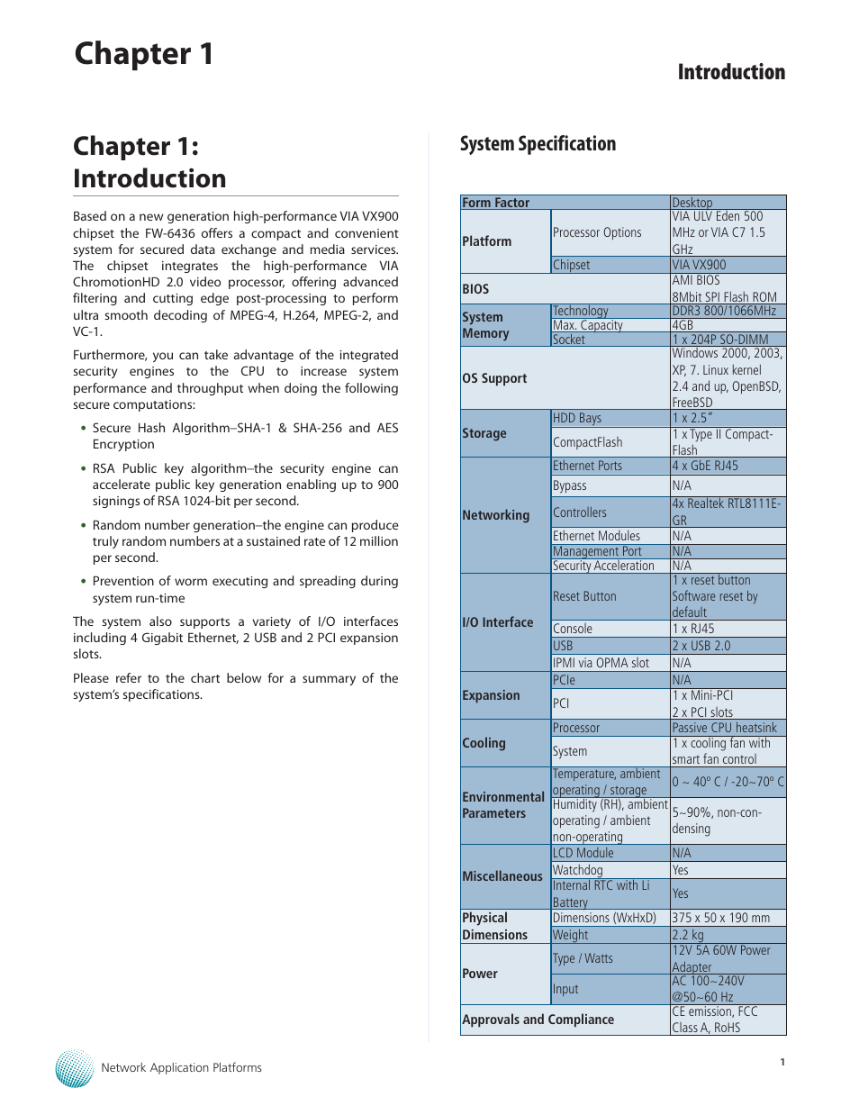 Chapter 1: introduction, System specification, Chapter 1 | Introduction | Lanner FW-6436 User Manual | Page 4 / 19