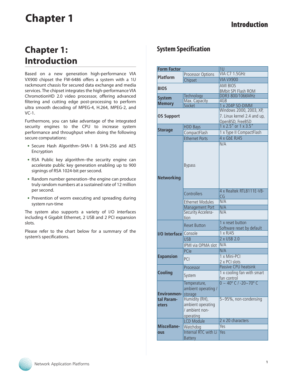 Chapter 1: introduction, System specification, Chapter 1 | Introduction | Lanner FW-6486 User Manual | Page 4 / 18