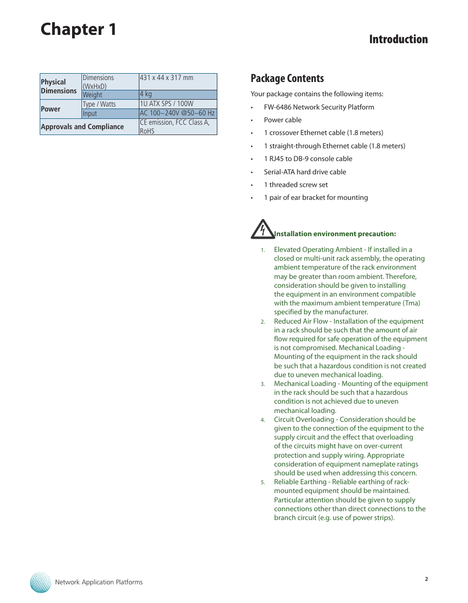 Package contents, Chapter 1, Introduction | Lanner FW-6486 User Manual | Page 5 / 18