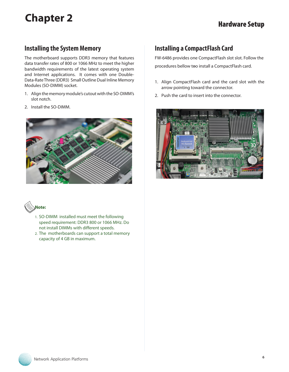 Installing the system memory, Installing a compactflash card, Chapter 2 | Hardware setup | Lanner FW-6486 User Manual | Page 9 / 18