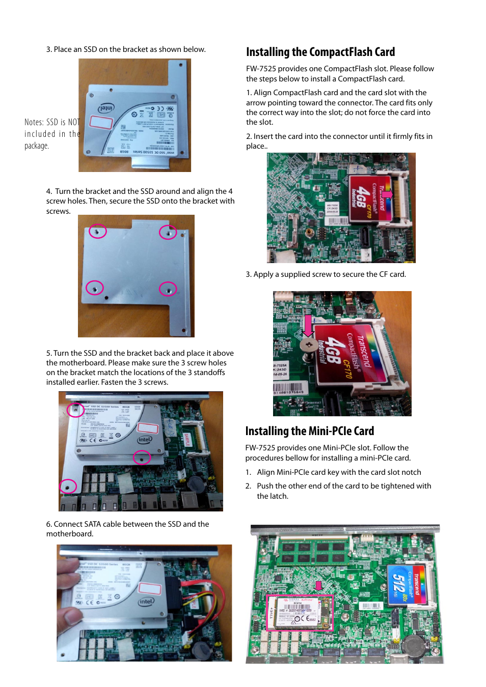 Installing the compactflash card, Installing the mini-pcie card | Lanner FW-7525 User Manual | Page 17 / 41
