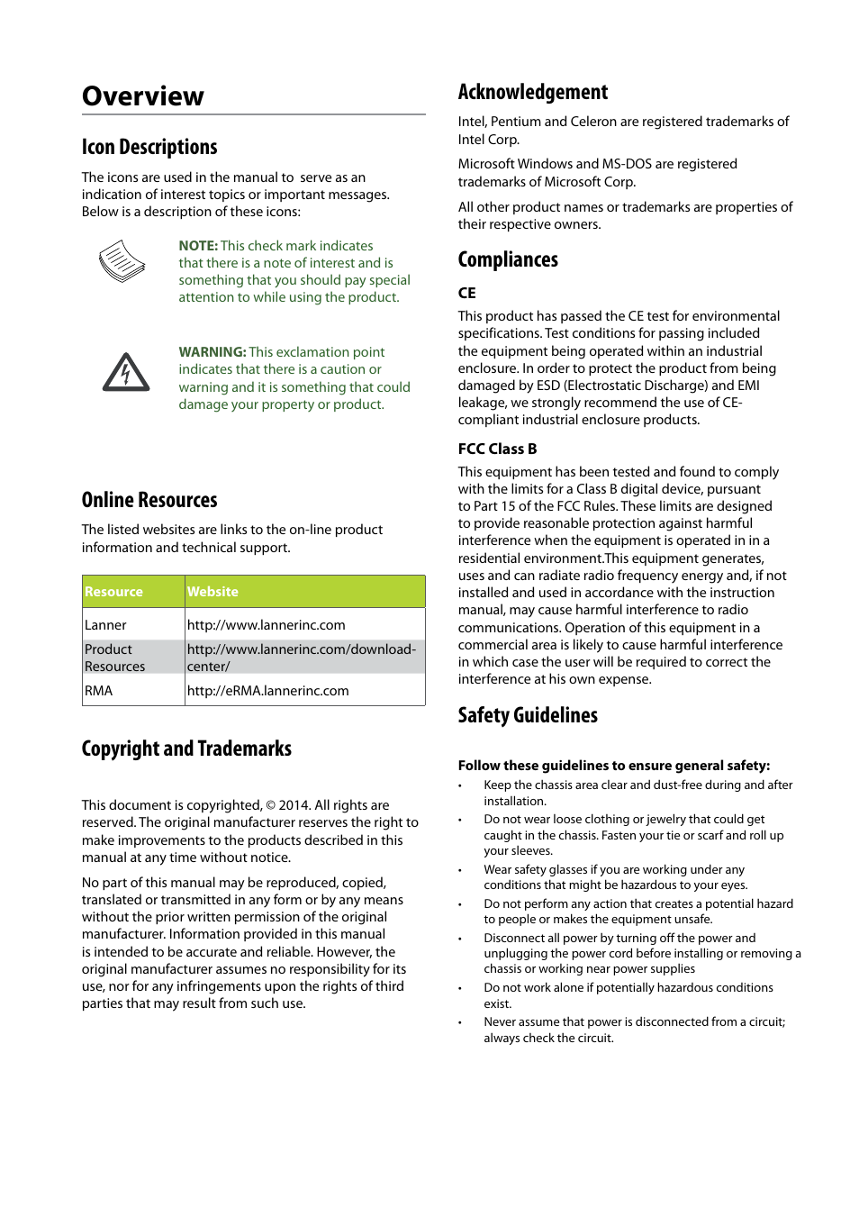 Overview, Icon descriptions, Online resources | Copyright and trademarks, Acknowledgement, Compliances, Safety guidelines | Lanner FW-7525 User Manual | Page 2 / 41