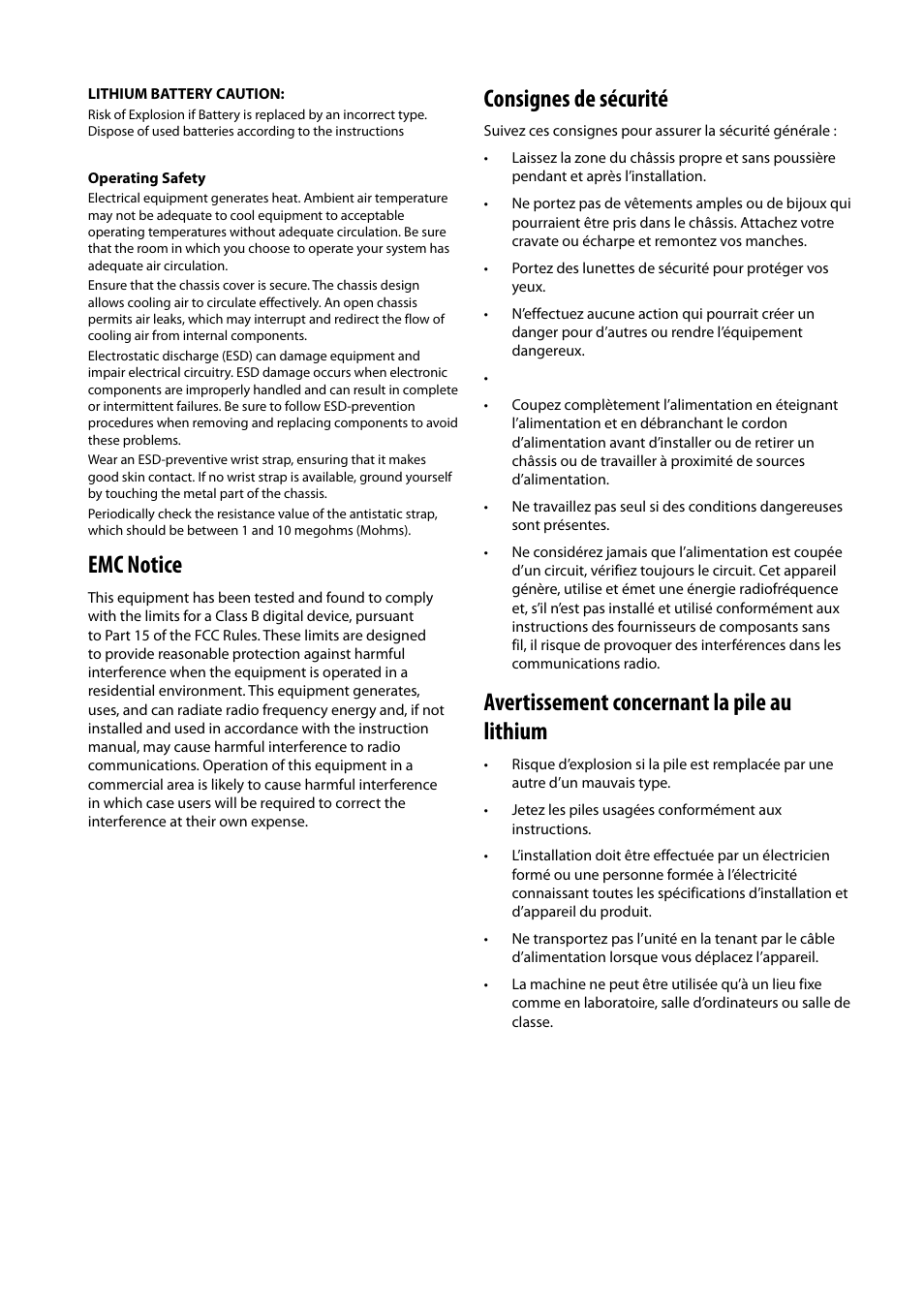 Emc notice, Consignes de sécurité, Avertissement concernant la pile au lithium | Lanner FW-7525 User Manual | Page 3 / 41