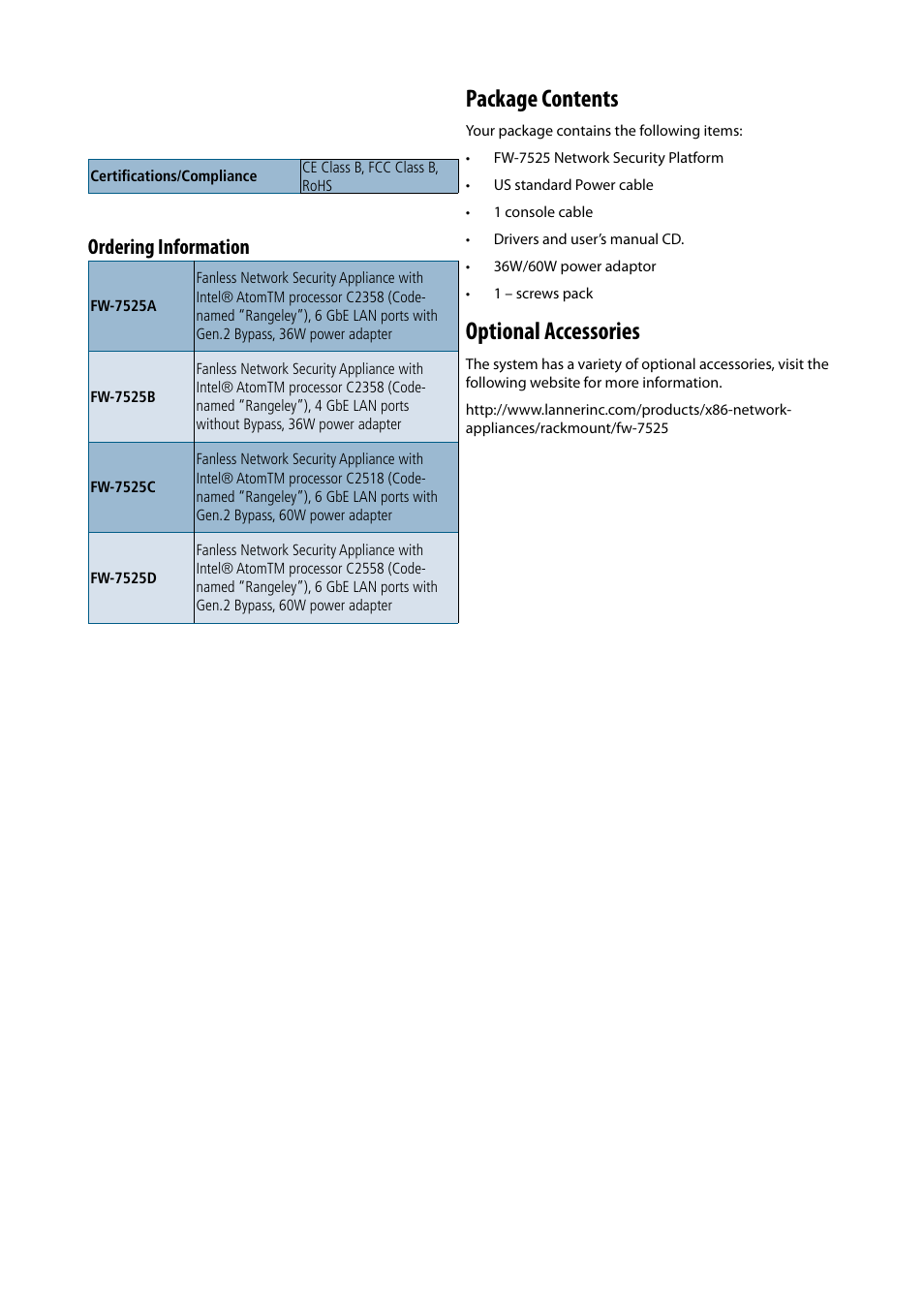 Package contents, Optional accessories, Ordering information | Lanner FW-7525 User Manual | Page 7 / 41