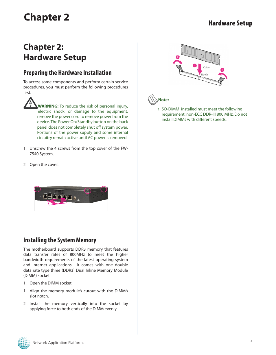 Chapter 2: hardware setup, Preparing the hardware installation, Installing the system memory | Chapter 2, Hardware setup | Lanner FW-7540 User Manual | Page 10 / 47