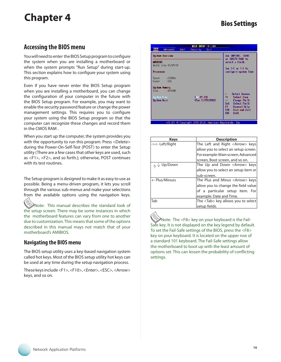 Accessing the bios menu, Navigating the bios menu, Chapter 4 | Bios settings | Lanner FW-7540 User Manual | Page 21 / 47