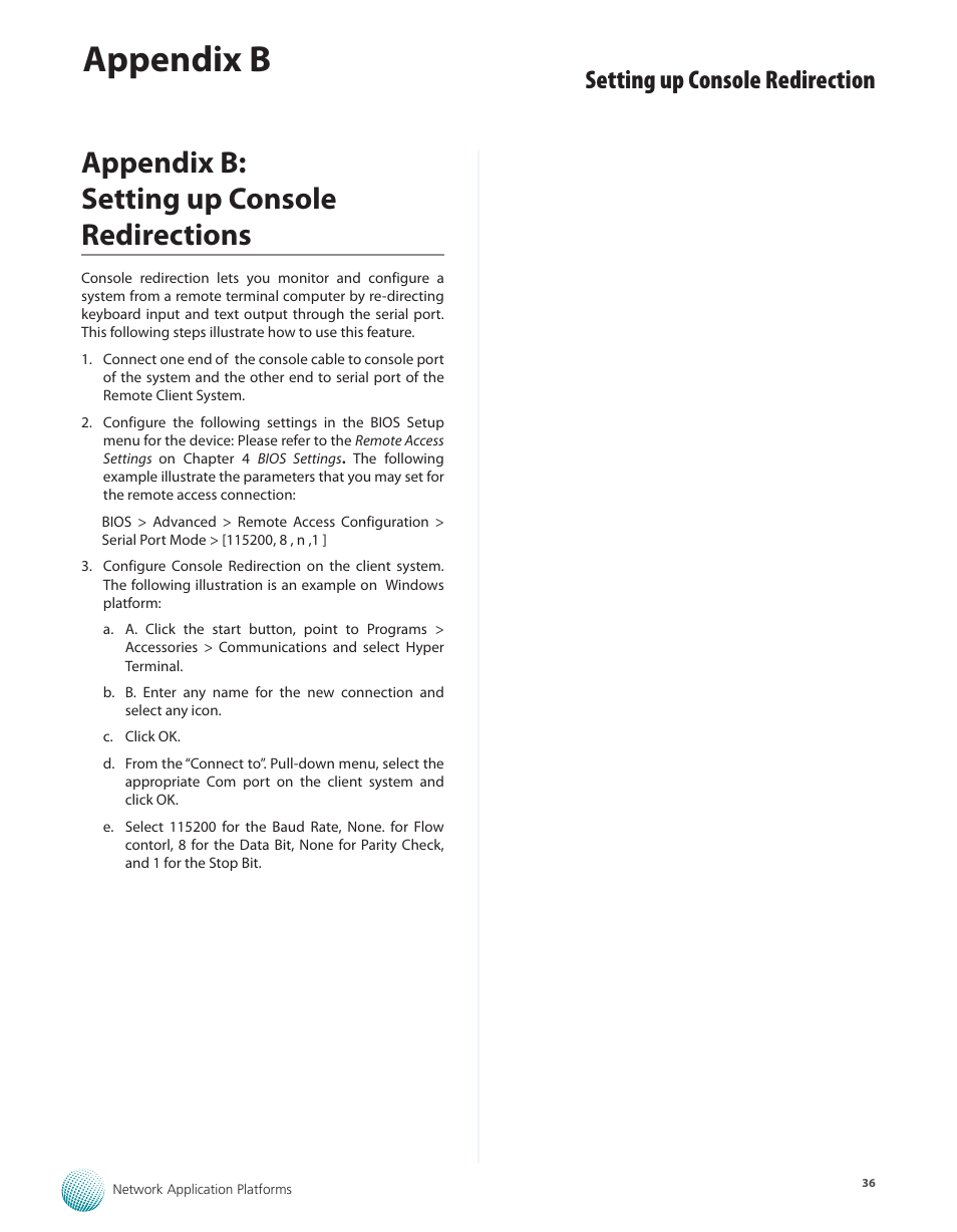 Appendix b: setting up console redirections, Appendix b, Setting up console redirection | Lanner FW-7540 User Manual | Page 41 / 47