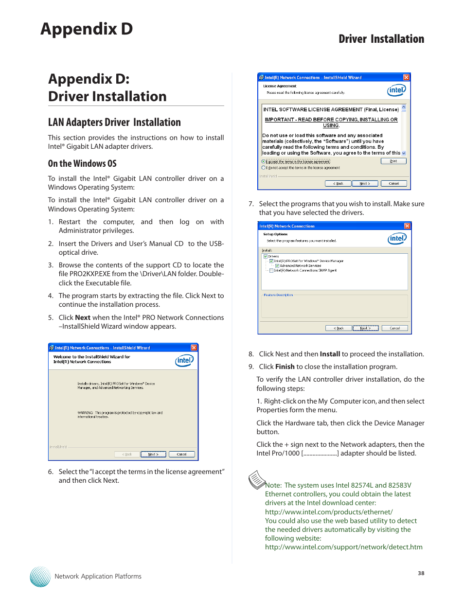Appendix d: driver installation, Lan adapters driver installation, On the windows os | Appendix d, Driver installation | Lanner FW-7540 User Manual | Page 43 / 47