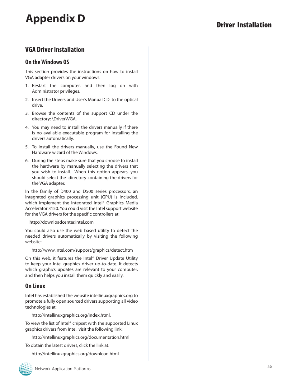 Vga driver installation, On the windows os, On linux | On the windows os on linux, Appendix d, Driver installation | Lanner FW-7540 User Manual | Page 45 / 47