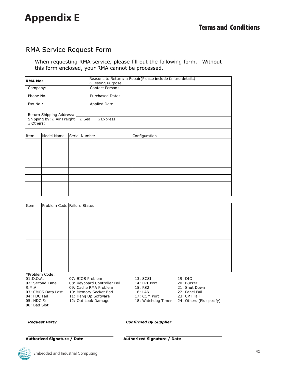 Appendix e, Terms and conditions, Rma service request form | Lanner FW-7540 User Manual | Page 47 / 47