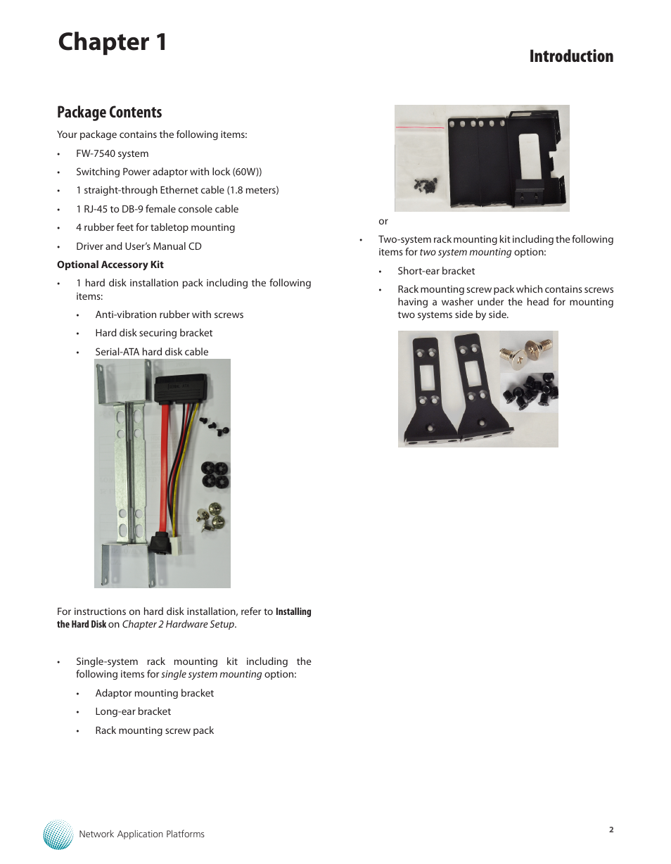 Package contents, Chapter 1, Introduction | Lanner FW-7540 User Manual | Page 7 / 47