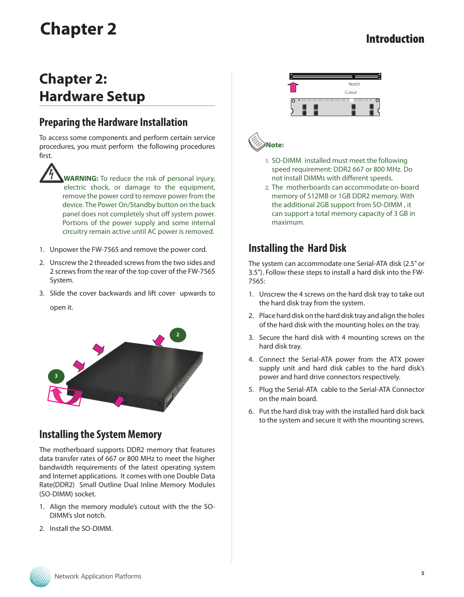 Chapter 2: hardware setup, Preparing the hardware installation, Installing the system memory | Installing the hard disk, Chapter 2, Introduction | Lanner FW-7565 User Manual | Page 10 / 52