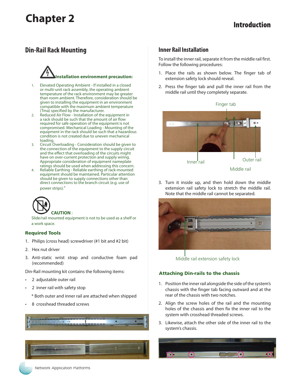 Din-rail rack mounting, Inner rail installation, Chapter 2 | Introduction | Lanner FW-7565 User Manual | Page 13 / 52