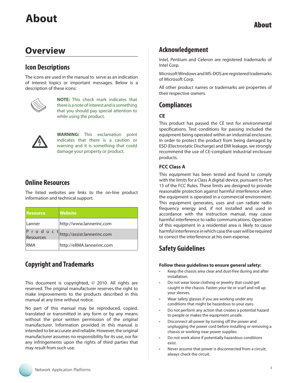 Overview, About, Icon descriptions | Online resources, Copyright and trademarks, Acknowledgement, Compliances, Safety guidelines | Lanner FW-7565 User Manual | Page 2 / 52