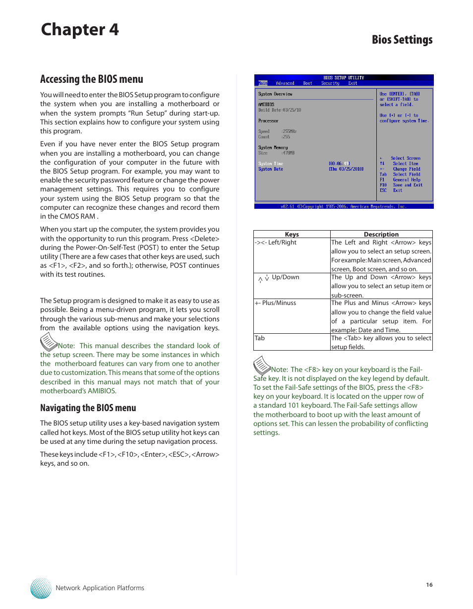 Accessing the bios menu, Navigating the bios menu, Chapter 4 | Bios settings | Lanner FW-7565 User Manual | Page 21 / 52