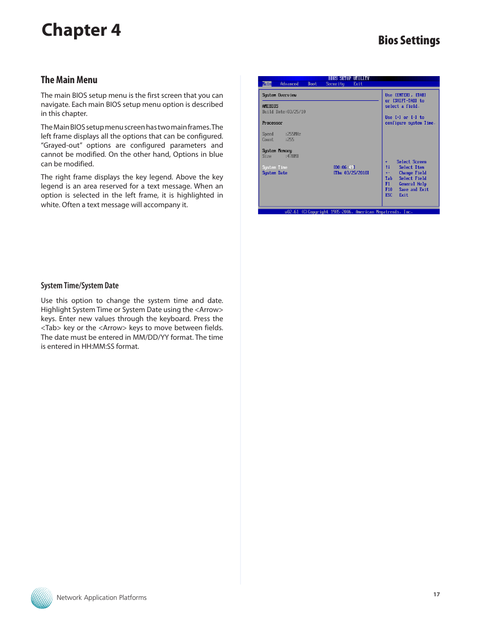 The main menu, Chapter 4, Bios settings | Lanner FW-7565 User Manual | Page 22 / 52