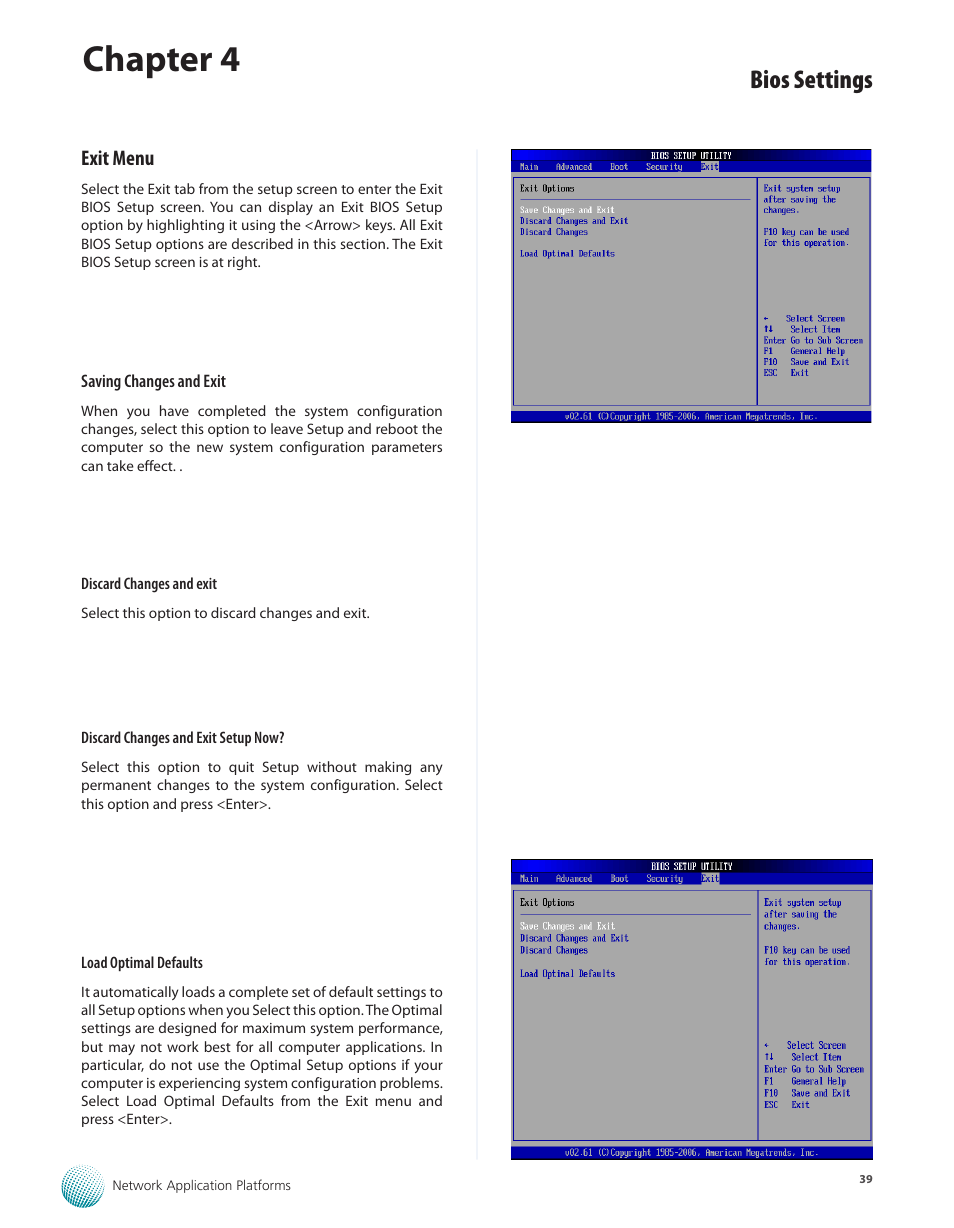 Exit menu, Chapter 4, Bios settings | Lanner FW-7565 User Manual | Page 44 / 52