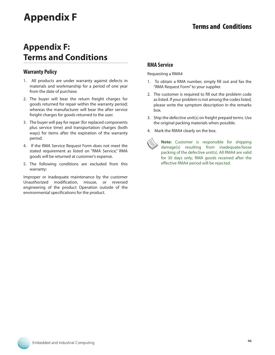 Appendix f: terms and conditions, Warranty policy, Rma service | Warranty policy rma service, Appendix f, Terms and conditions | Lanner FW-7565 User Manual | Page 51 / 52