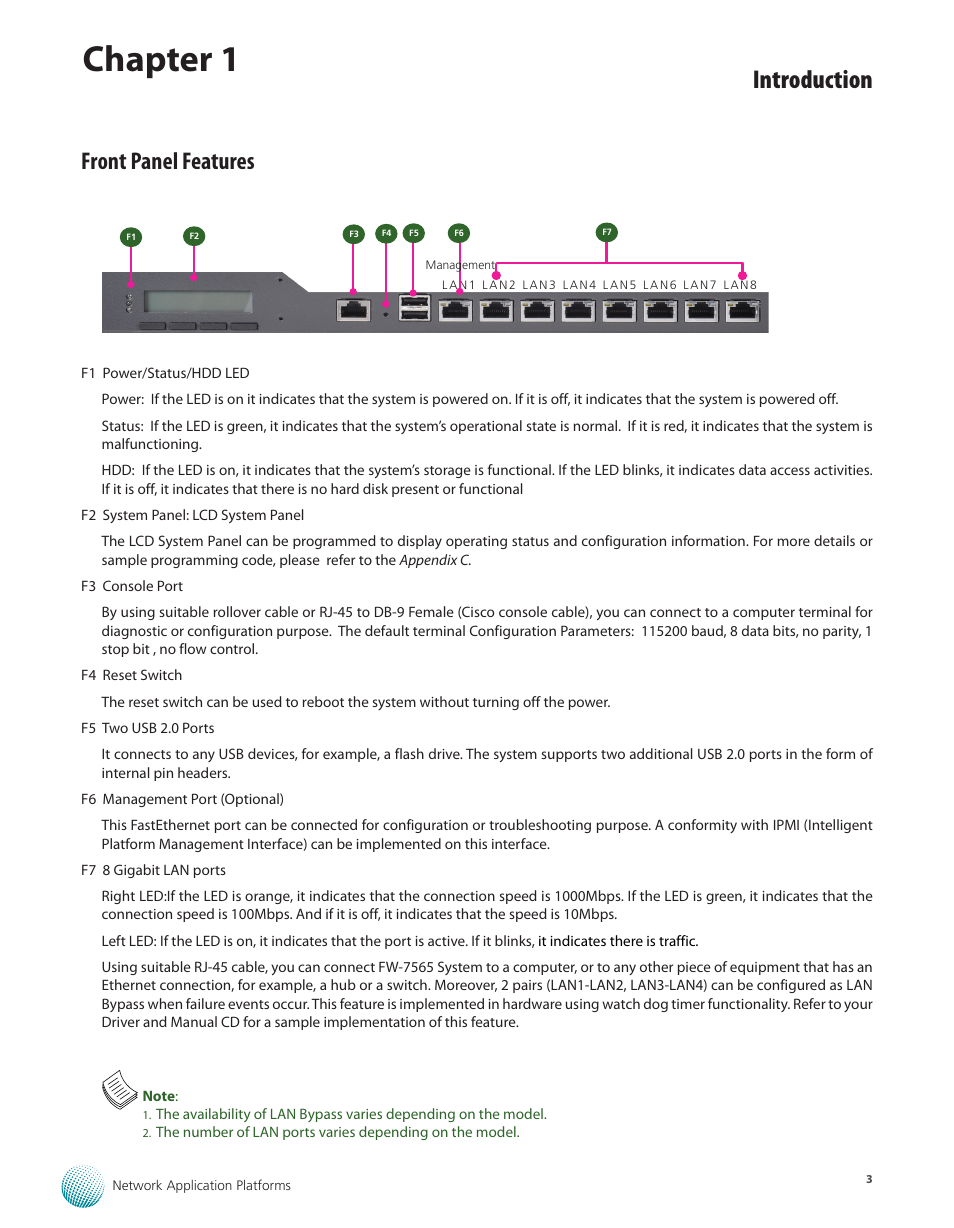 Front panel features, Chapter 1, Introduction | Lanner FW-7565 User Manual | Page 8 / 52