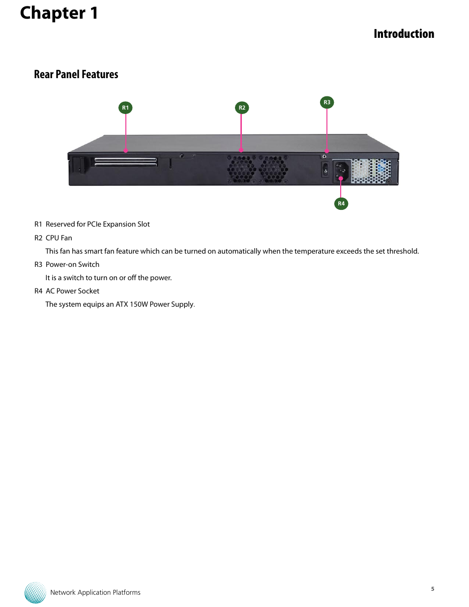 Chapter 1, Introduction, Rear panel features | Lanner FW-7573 User Manual | Page 10 / 44