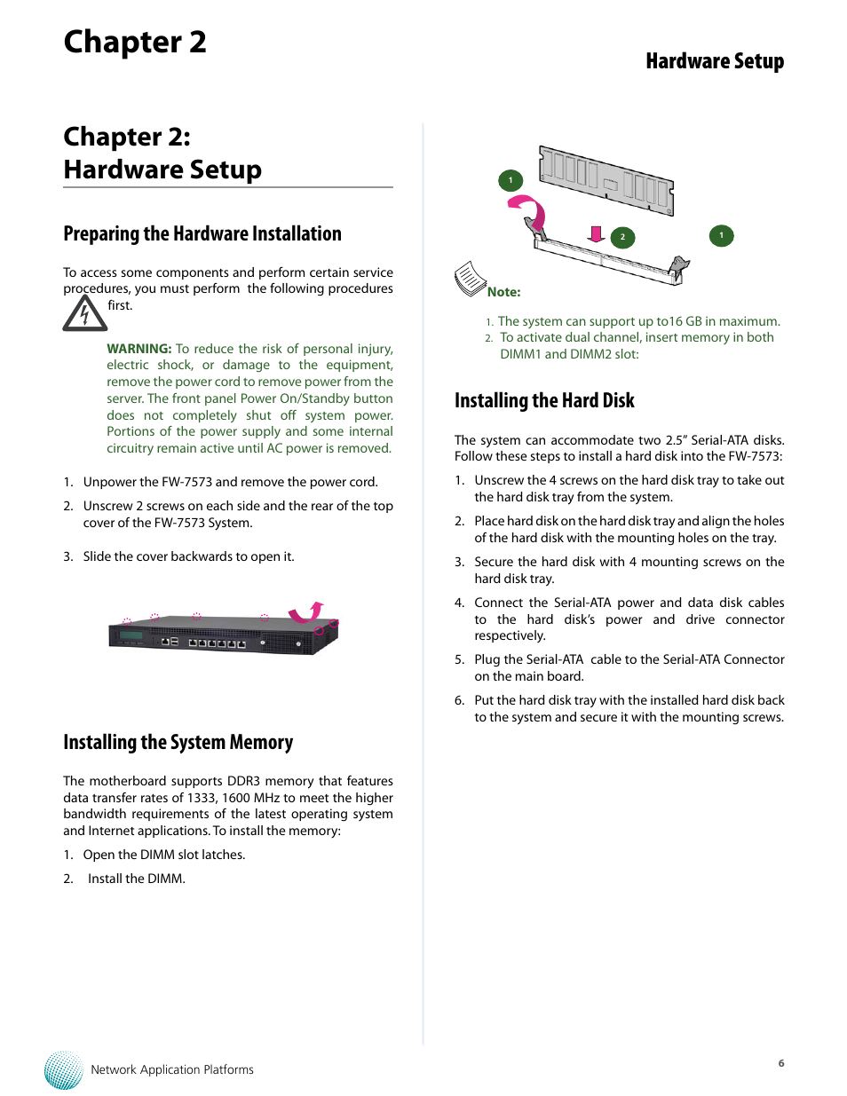 Chapter 2, Chapter 2: hardware setup, Hardware setup | Preparing the hardware installation, Installing the hard disk | Lanner FW-7573 User Manual | Page 11 / 44