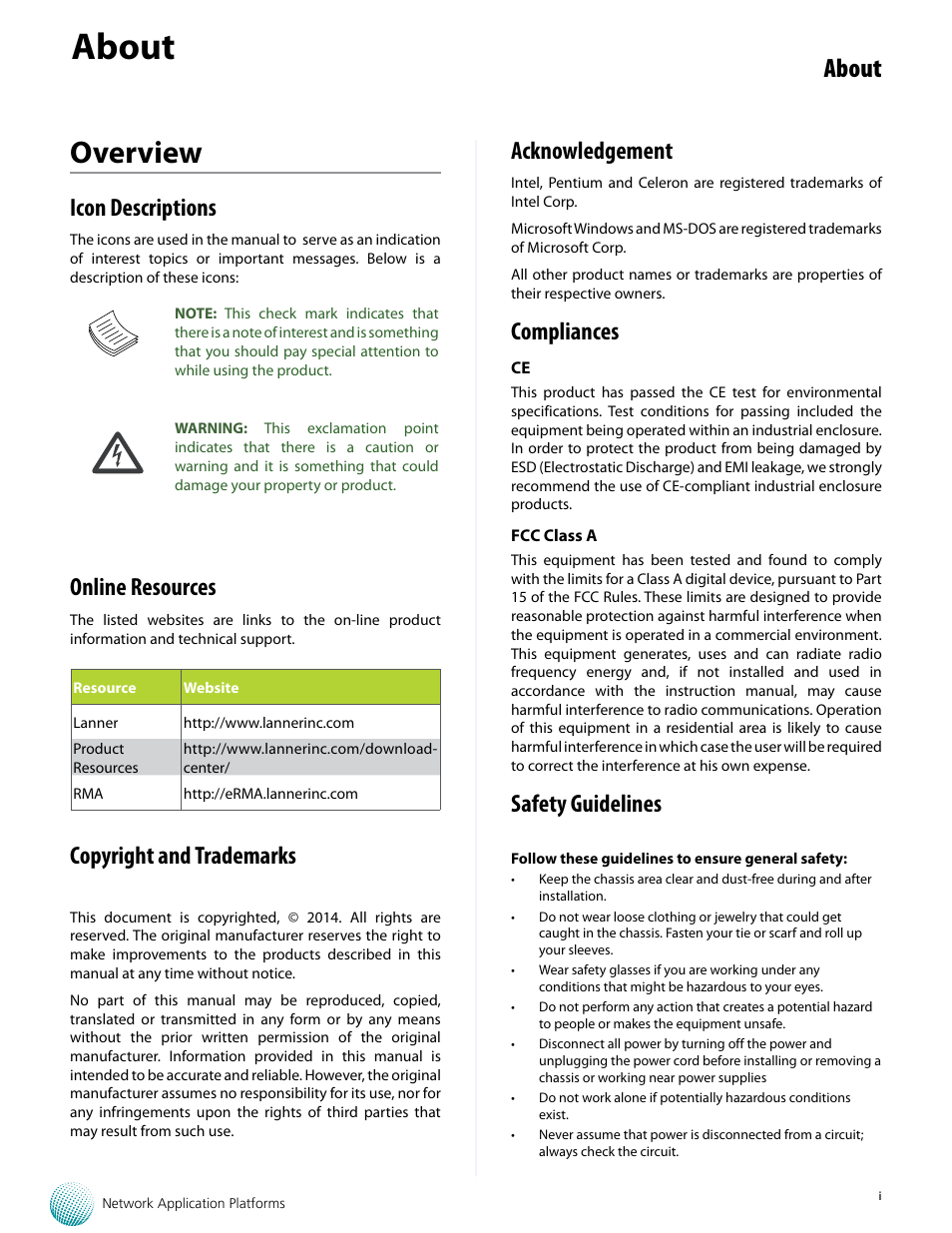 Overview, About, Icon descriptions | Online resources, Copyright and trademarks, Acknowledgement, Compliances, Safety guidelines | Lanner FW-7573 User Manual | Page 2 / 44