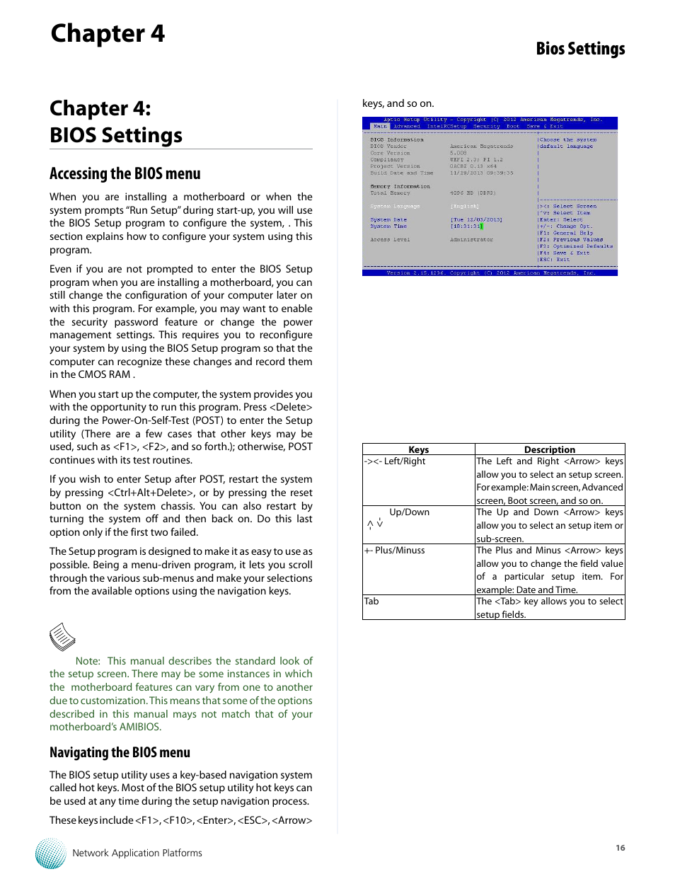 Chapter 4, Chapter 4: bios settings, Bios settings | Accessing the bios menu, Navigating the bios menu | Lanner FW-7573 User Manual | Page 21 / 44