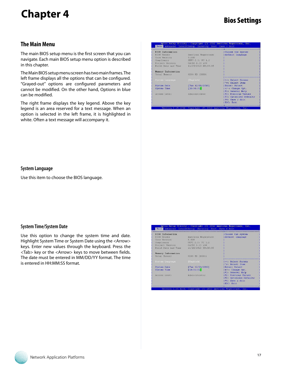 Chapter 4, Bios settings, The main menu | Lanner FW-7573 User Manual | Page 22 / 44