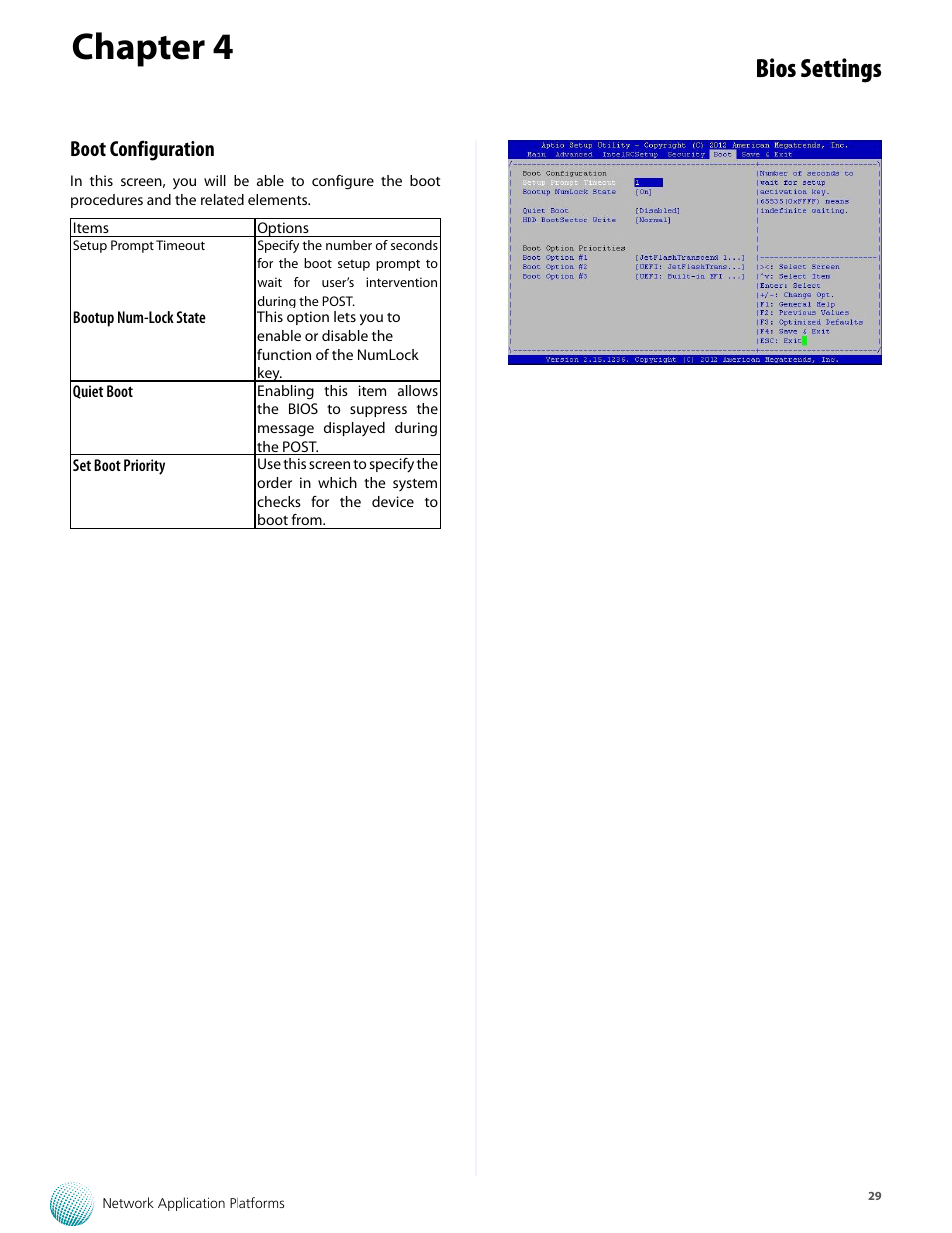 Chapter 4, Bios settings, Boot configuration | Lanner FW-7573 User Manual | Page 34 / 44