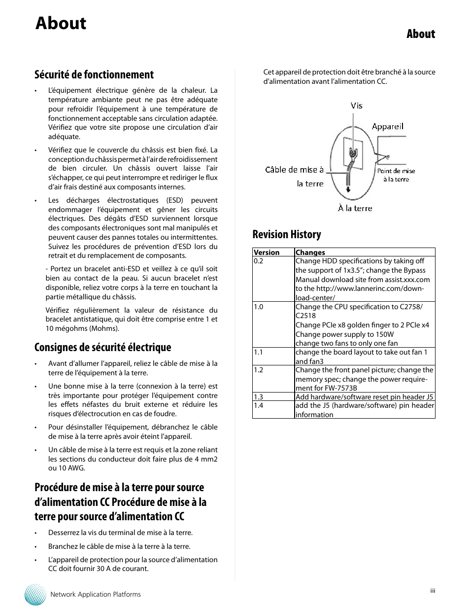 About, Sécurité de fonctionnement, Consignes de sécurité électrique | Revision history | Lanner FW-7573 User Manual | Page 4 / 44