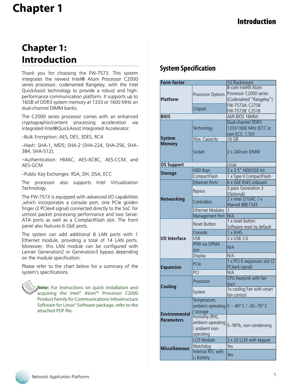 Chapter 1, Chapter 1: introduction, Introduction | System specification | Lanner FW-7573 User Manual | Page 6 / 44