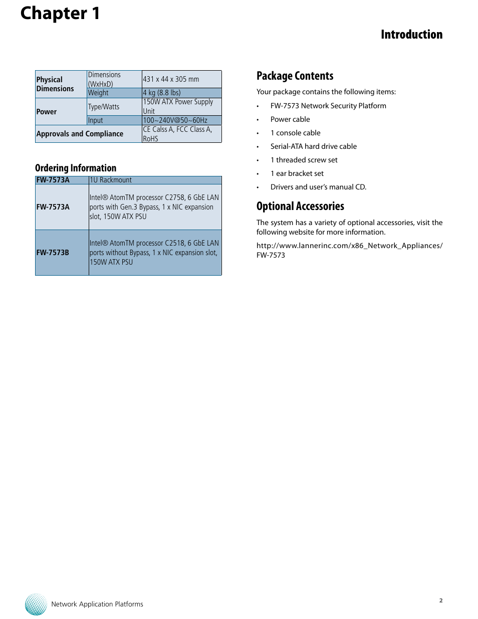 Chapter 1, Introduction, Package contents | Optional accessories, Ordering information | Lanner FW-7573 User Manual | Page 7 / 44