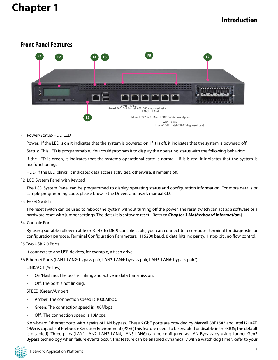 Chapter 1, Introduction, Front panel features | Lanner FW-7573 User Manual | Page 8 / 44