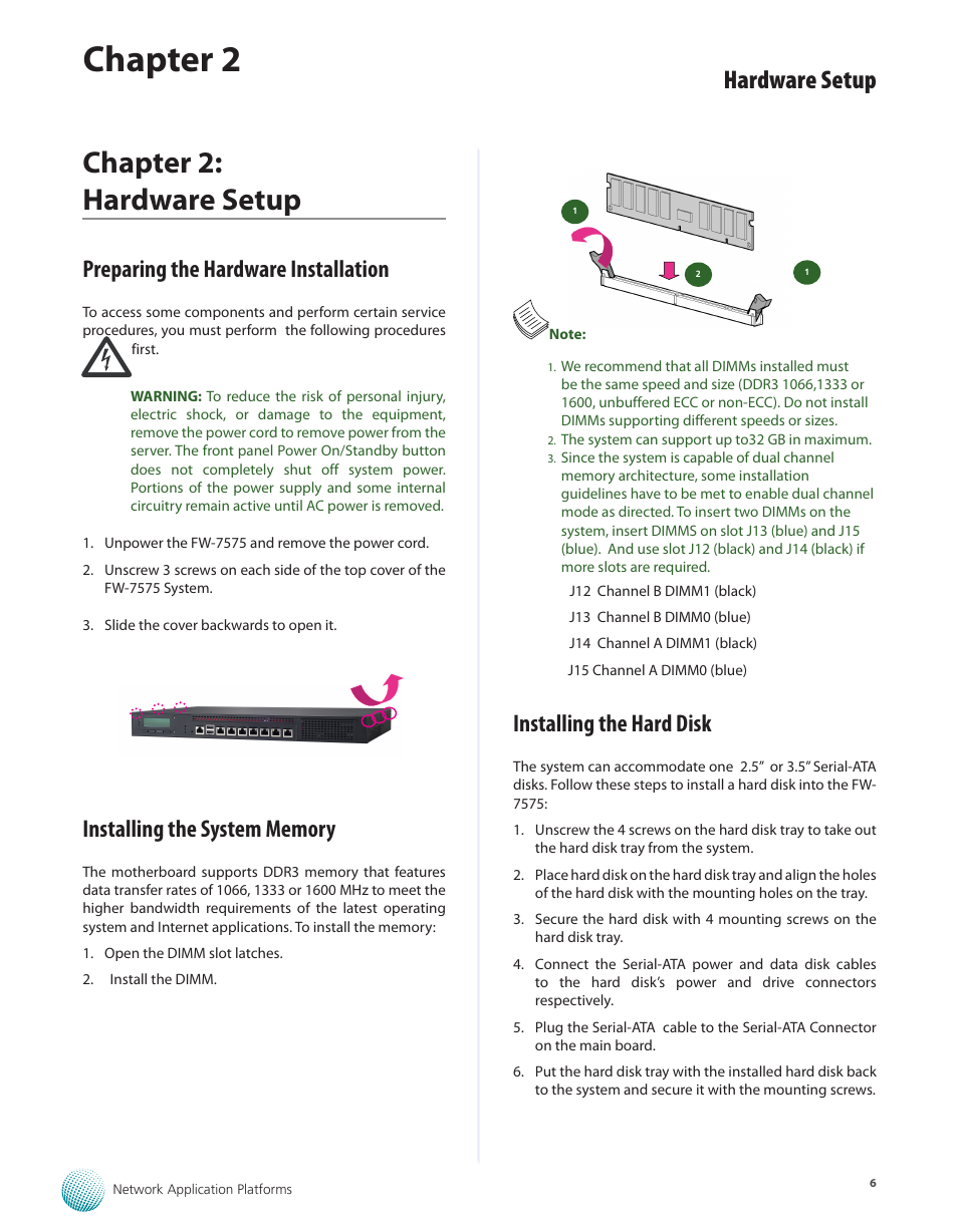 Chapter 2: hardware setup, Preparing the hardware installation, Installing the system memory | Installing the hard disk, Chapter 2, Hardware setup | Lanner FW-7575 User Manual | Page 11 / 48