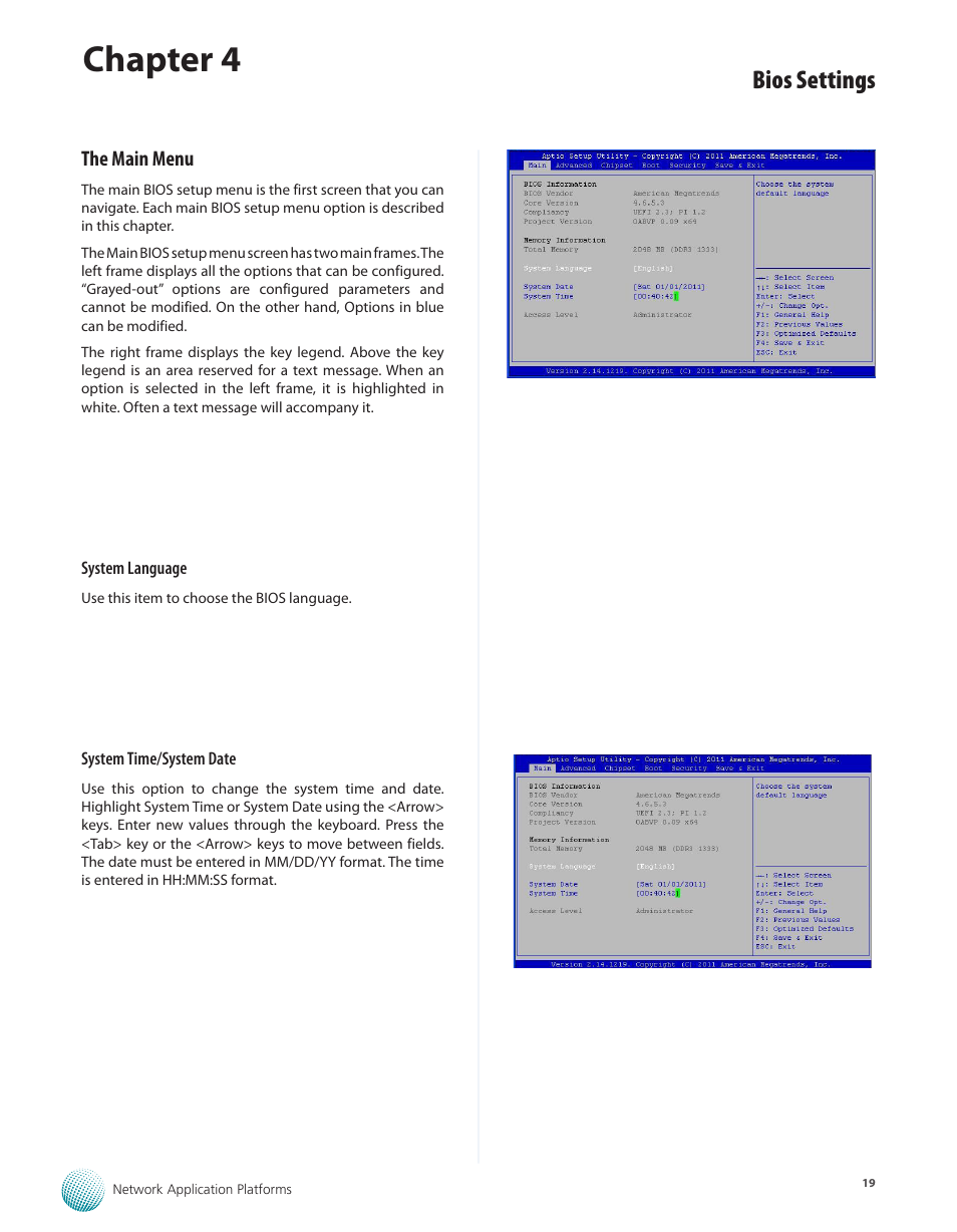 The main menu, Chapter 4, Bios settings | Lanner FW-7575 User Manual | Page 24 / 48